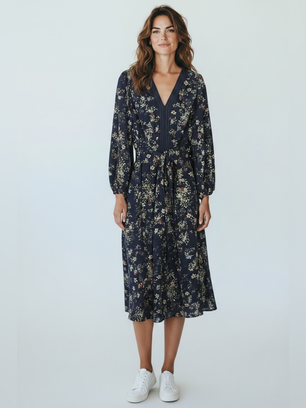 Max Studio Women's Navy Floral V-Neck Tie-Waist Midi Dress Large
